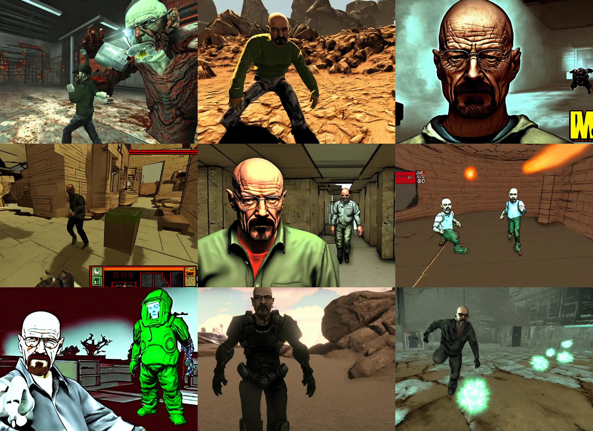 Prompt: Walter White in a screenshot of the video game doom, Walter White is running