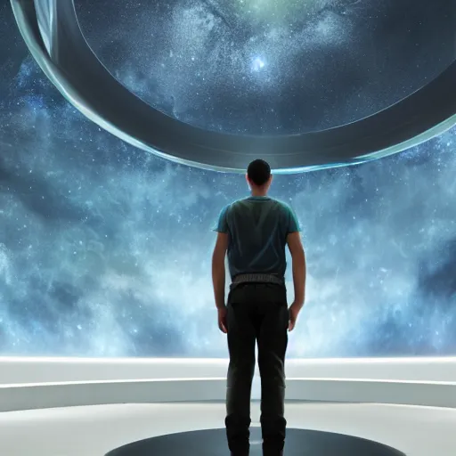 Image similar to Man stands infront of portal to another realm of mind, space, stars, planets, gate, gatekeeper, octane render, lifelike, photorealistic, smooth, concept art,