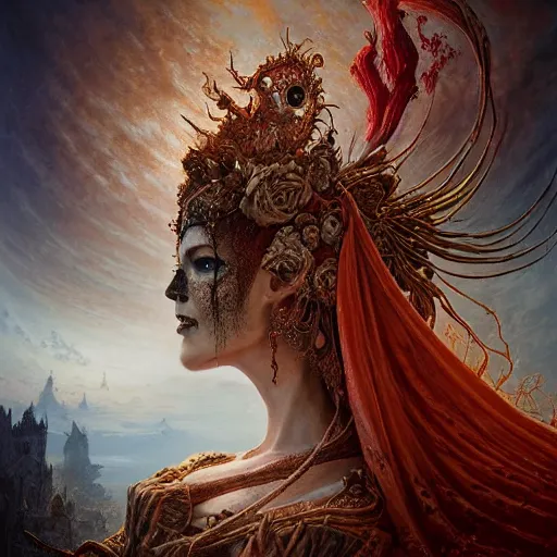 Image similar to a beautiful detailed 3d matte painting of female empress of the dead, by ellen jewett, by tomasz alen kopera, by Justin Gerard, ominous, magical realism, texture, intricate, ornate, royally decorated, skull, skeleton, whirling smoke, embers, red adornements, red torn fabric, radiant colors, fantasy, volumetric lighting, high details