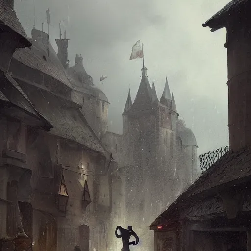 Image similar to a man holding a sword in the medieval era the background to the small town and it is raining by greg rutkowski