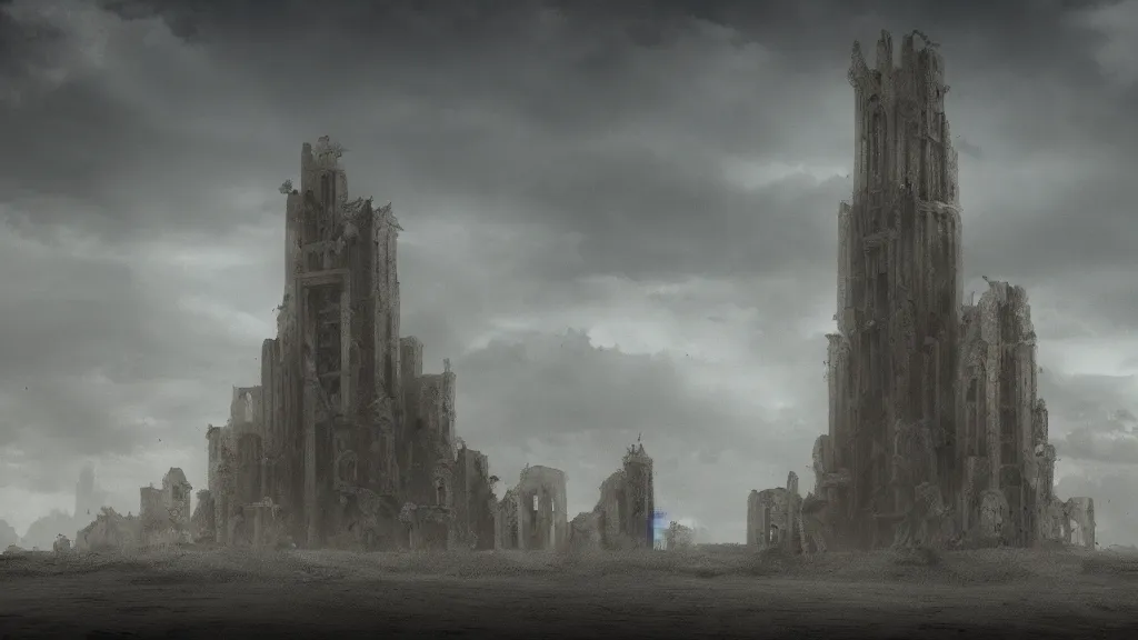 Prompt: ruins patrick jones rutkowski the last tower. sand. lonely. ominous. outlaw quest 3 8 4 0 x 2 1 6 0