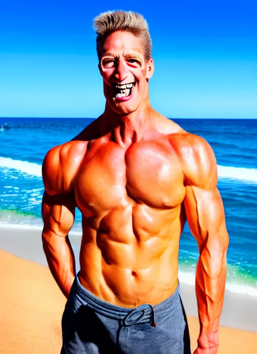 Prompt: professional photo of bart simpsonwith muscular fit body and very very very chad face, on the beach at noonday, blur background, high details, original simpsons cartoon style