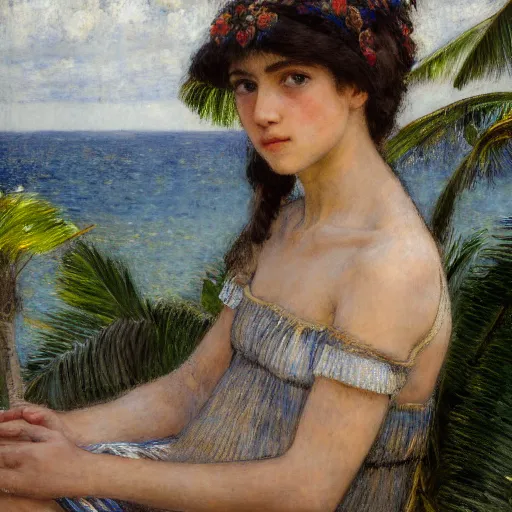 Image similar to a ultradetailed beautiful painting of a girl in the amazonas palace balustrade designed by jules bastien - lepage, hans belmer, frank weston and gustave baumann, beach, trending on artstation, mediterranean, palm trees, detailed face, sharp focus, soft light, 8 k 4 k