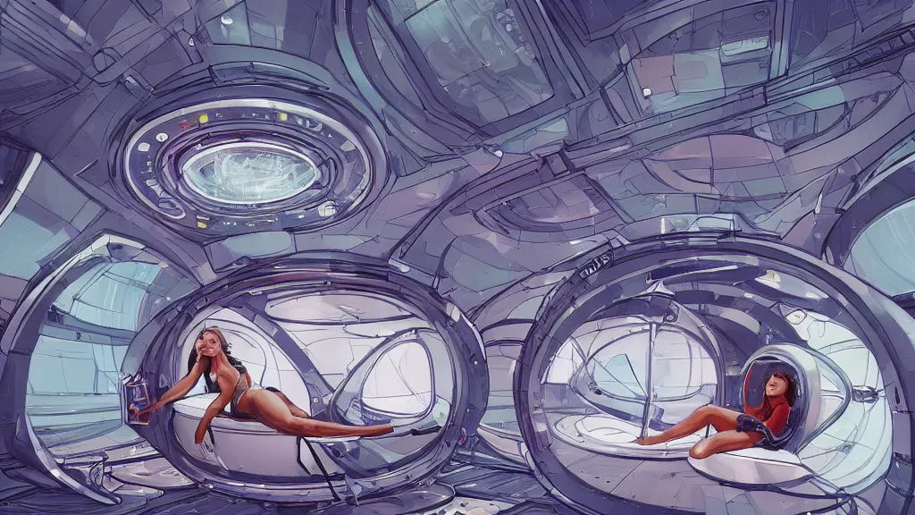 Prompt: a wide angle view of woman in a hyper sleep chamber in a spaceship, on a long journey to jupiter, highly detailed, artistic composition, sharp focus, intricate concept art, digital painting, dramatic lighting