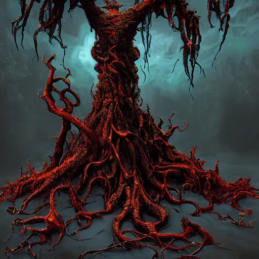 Prompt: Photorealistic demonic eldritch tree in the style of Michael Whelan and Gustave Dore. Hyperdetailed photorealism, 108 megapixels, amazing depth, glowing rich colors, powerful imagery, psychedelic Overtones, 3D finalrender, 3d shading, cinematic lighting, artstation concept art