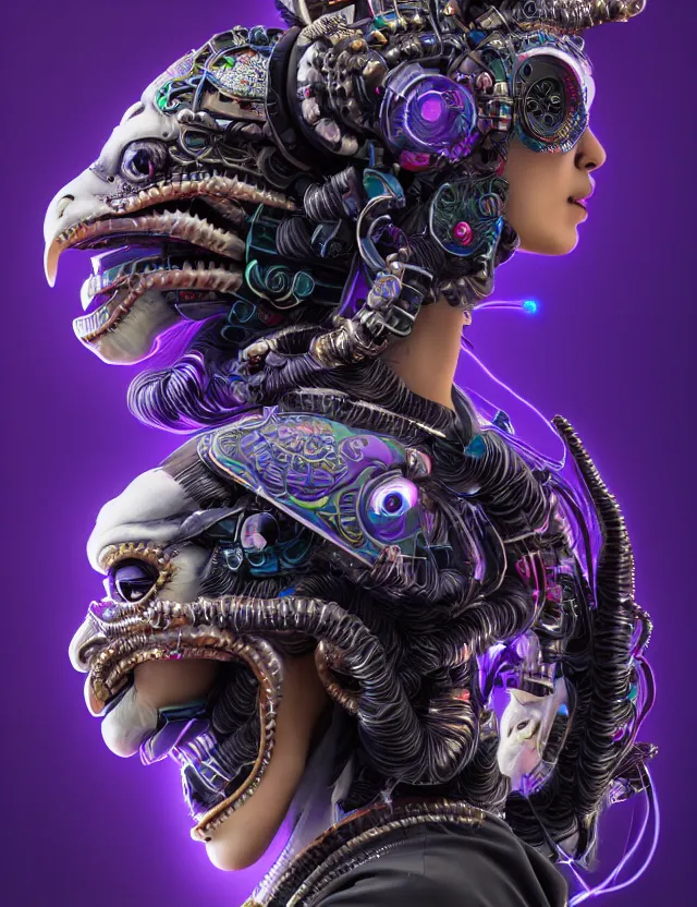 Image similar to 3 d goddess close - up profile portrait cyberpunk with ram skull. beautiful intricately detailed japanese crow kitsune mask and clasical japanese kimono. betta fish, jellyfish phoenix, bio luminescent, plasma, ice, water, wind, creature, artwork by tooth wu and wlop and beeple and greg rutkowski