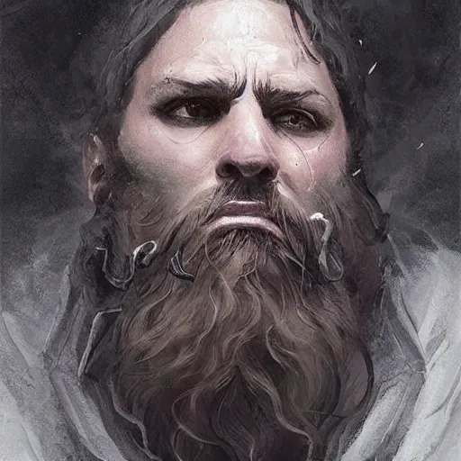 Prompt: A portrait of a cleric of Cthulu with short dark hair and a trimmed beard, he wears a cubic sandstone pendant around his neck, as dark magic emanates from his necklace tentacles spur from the water, digital art by Ruan Jia