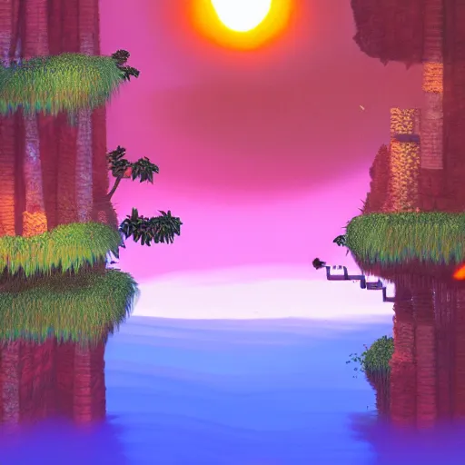 Prompt: photo of a sunset inside the first level of donkey kong country ( 1 9 9 4 ), real life, photorealistic, soft focus, long exposure