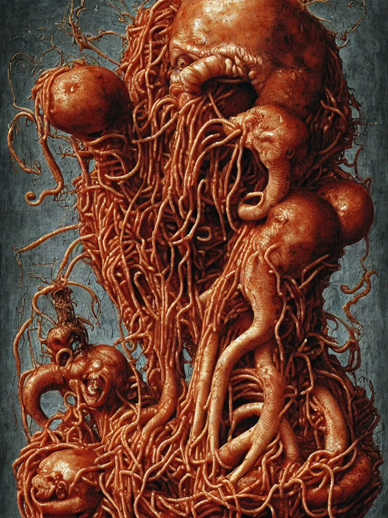 Image similar to a boy like the spaghetti monster, eraserhead and elephant man sitting in a tub full of tomato sauce, looking straight into camera, screaming in desperation, by giuseppe arcimboldo and ambrosius benson, renaissance, fruit, intricate and intense oil paint, a touch of chesles bonestell, beksinski and hr giger and edward munch, realistic