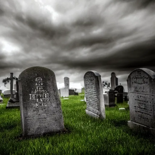 Image similar to ghostly woman sits upon a gravestone in a graveyard in the distance a steeple looms, highly detailed, high resolution, gloomy, graveyard