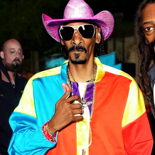 Image similar to snoop dog as a cowboy on horseback next to a clown