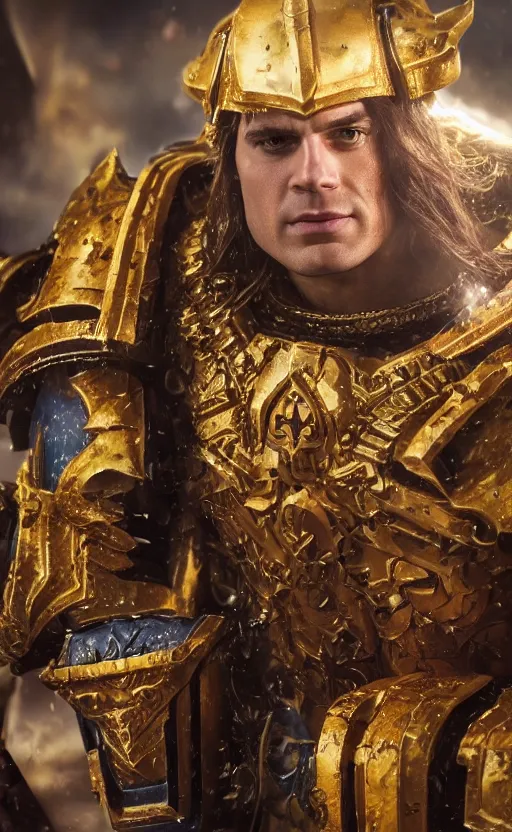 Image similar to angry Henry Cavill as warhammer 40k God-Emperor of Mankind dressed in his glowing golden power armor with no helmet. full-length portrait, beautiful face, long hair, painted by Donato Giancarlo, intricate fine armor rune details, cinematic, highly detailed, octane render