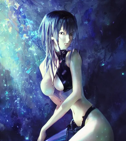 Prompt: stephan martiniere painting of an anime woman, direct flash photography at night, film grain