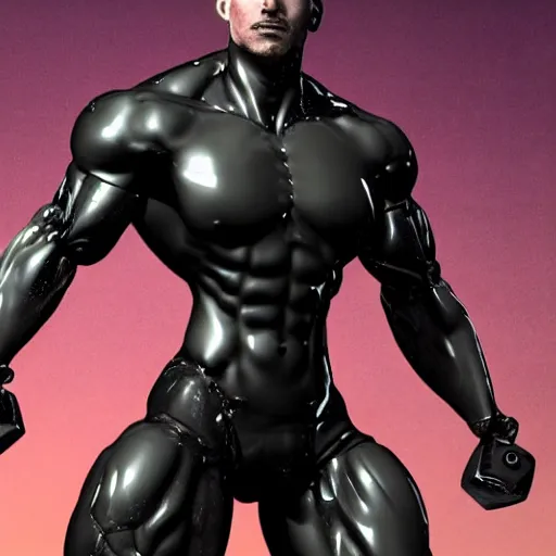 Image similar to a realistic detailed photo of a bodybuilder who is also a male android, Chris Redfield, shiny skin, posing robotically. blank stare