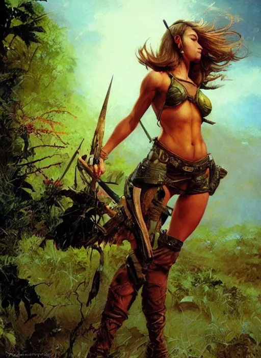 Image similar to hyper realistic hunter girl, full body, human proportion, rule of thirds, conceptart, saturated colors, cinematic, vallejo, frazetta, royo, rowena morrill, juan gimenez