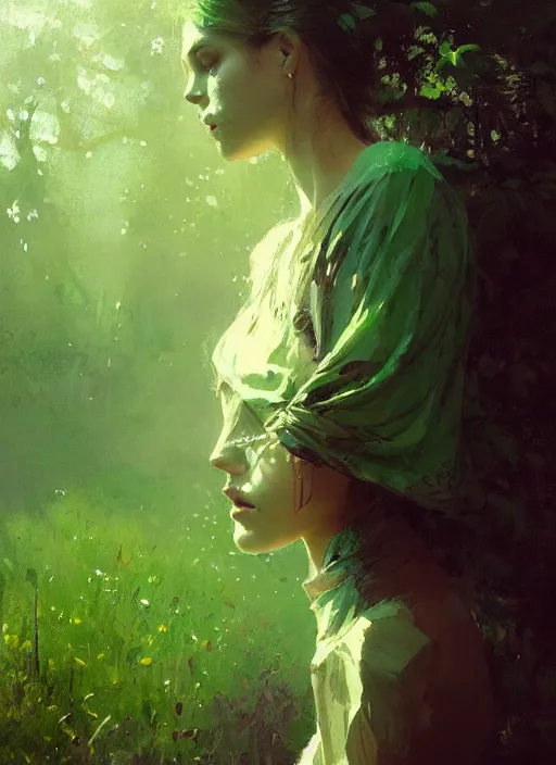 Prompt: outdoor portrait of a beautiful girl, shades of green, beautiful face, rule of thirds, intricate outfit, spotlight, by greg rutkowski, by jeremy mann, digital painting