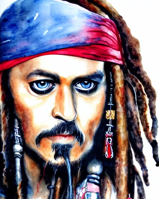 Image similar to portrait of captain jack sparrow, painterly style, matte illustration, watercolour