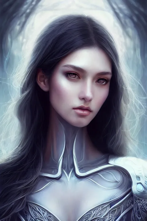 Image similar to a photorealistic portrait of an attractive young girl, semi-clothed in ethereal armor, emitting psychic powers, beautiful bone structure, perfectly proportioned face, perfect eyes, intricate, elegant, highly detailed, hyper detailed, volumetric lighting, trending on tumblr, by artgerm, by loish, fantasy scene, fantasy aesthetic, trending on Artstation