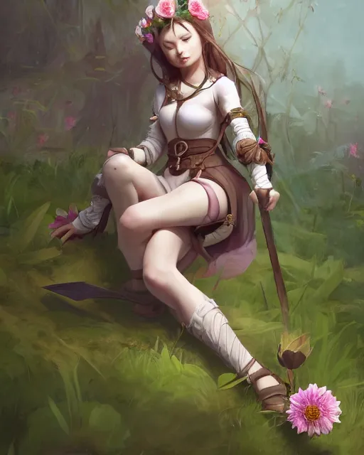 Image similar to concept art of a medival girl, wearing tight simple medival clothes, holding a flower while sitting in a lush medow | | cute - fine - fine details by stanley artgerm lau, wlop, rossdraws, james jean, andrei riabovitchev, marc simonetti, and sakimichan, trending on artstation