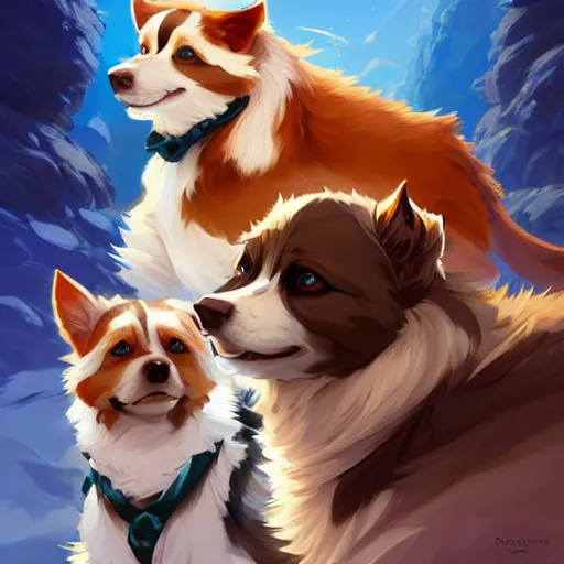 Prompt: two finnish lapphunds, one brown and tan domino one black with white markings fanart ornate fantasy ori and the blind forest cover style official behance hd artstation by Jesper Ejsing, by RHADS, Makoto Shinkai and Lois van baarle, ilya kuvshinov, rossdraws pastel vibrant