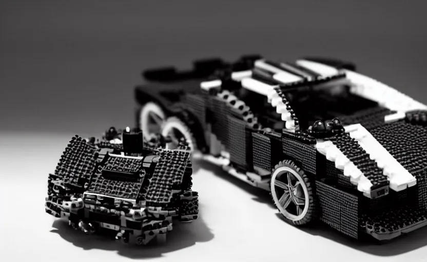 Prompt: a robot plays with a black lego lamborghini. soft light. dark background. cinematic. intricate. highly detailed