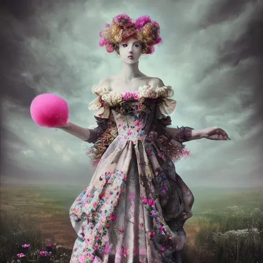 Image similar to 8 k, octane render, realism, tonalism, renaissance, rococo, baroque, cotton candy, creepy young lady wearing long harajuku manga dress with flowers and skulls ( background chaotic flowers )