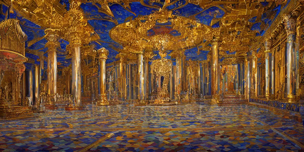 Prompt: a painting of inside a temple celebrating a queen being crowned, maxinalist tile floor, abstract windows, godrays, chandelier, pillars of marble, fountain of water, art by JohannesVoss, Ron Spencer, Scott Fischer, Aleksi Briclot, trending on artstation