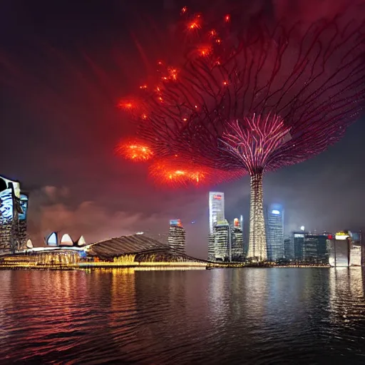 Image similar to Singapore city, Singapore Esplanade, Singapore Marina Bay, with a very very very very very lion-shaped cloud in the sky and fireworks in the sky, by greg rutkowski, red and white lighting, digital art, ultra realistic, ultra detailed, photorealistic, 4k, character concept