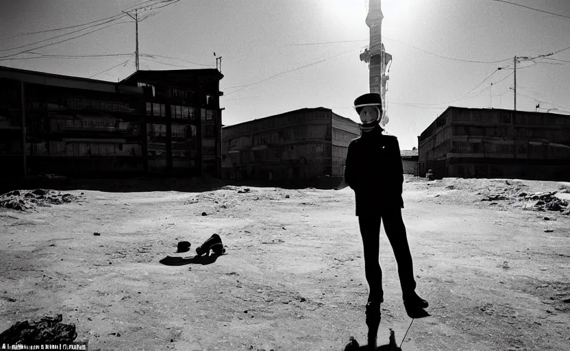 Image similar to On a parking lot in a futuristic space city of Neo Norilsk on the Moon, a Mysterious man is standing in the middle of a street photo by Trent Parke, the sun is blinding, a Russian city on the Moon