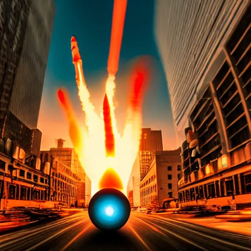 Image similar to centered action photography shot of extremely detailed hyper realistic thermonuclear bomb explosion in a city, professional film photography, 8 k, cinematic framing, cinematic lighting