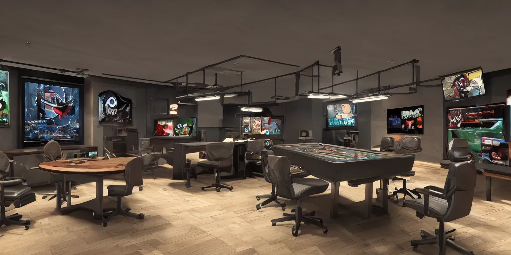 Image similar to A gaming room designed by Starbucks, shows in detail gaming peripherals, Gaming PC, gaming table, speakers, gaming monitors. wide angle, dramatic lighting, Octane Render, Realistic