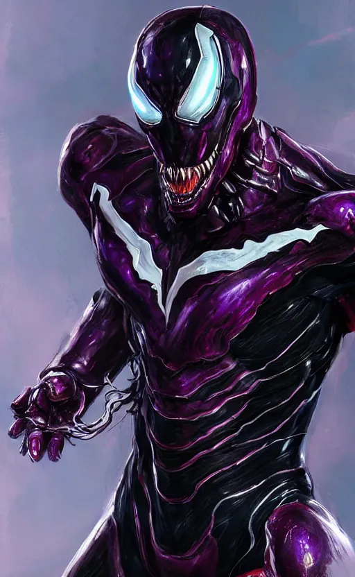 Image similar to venom in a venom inspired ironman suit, purple, black and red, dynamic lighting, photorealistic fantasy concept art, trending on art station, stunning visuals, terrifying, creative, cinematic