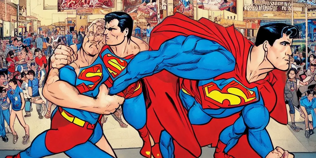 Image similar to Mall-cop arm-wrestling superman. Epic painting by James Gurney and Laurie Greasley.