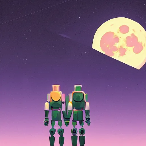 Image similar to illustration of two robots holding hands on a summit, standing, looking out toward a full moon on a starry night, beautiful, muted colors, in the style of hirohiko araki, rutkowski, atey ghailan