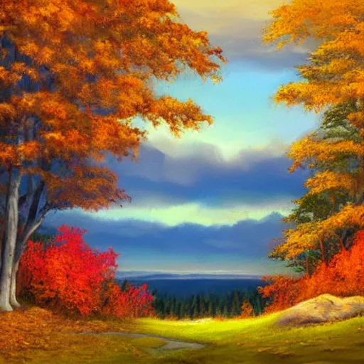 Image similar to hyper realistic landscape painting of sleeping giant park in ontario during fall