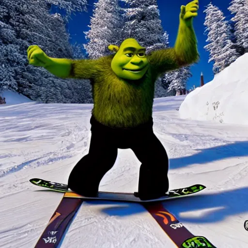 Prompt: shrek skiing, angry, full body shot, cinematic lighting, studio quality