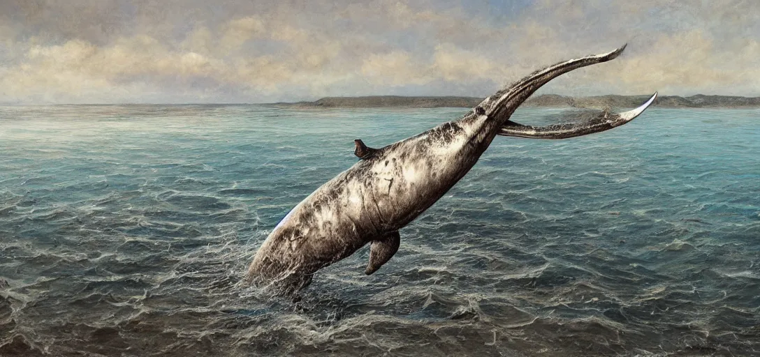 Image similar to a bleached bone skeleton of a narwhal that is leaping out of the ocean in the style of Keith Thompson and Christopher Bretz, highly detailed, digital painting, HDRI, vivid colors, high contrast, 8k resolution, intricate, photorealistic, smooth