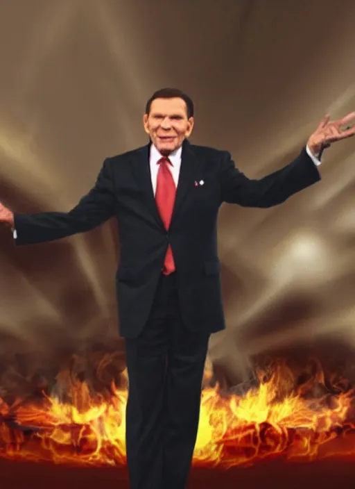 Prompt: photo of kenneth copeland with devil horns on stage at church spewing flames