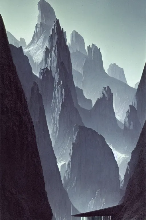 Image similar to a scene in the dolomites by arthur haas and bruce pennington and john schoenherr, cinematic matte painting, minimal modern, zaha hadid building, dark moody color palate,