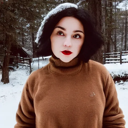 Image similar to full body polaroid of a young woman with black hair, small nose, plump lips, honey colored eyes and symmetrical face standing in front of a snowy cabin