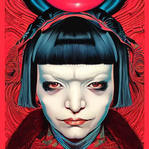 Image similar to portrait of crazy sia kate isobelle furler, symmetrical, glamour, by yoichi hatakenaka, masamune shirow, josan gonzales and dan mumford, ayami kojima, takato yamamoto, barclay shaw, karol bak, yukito kishiro, artgerm