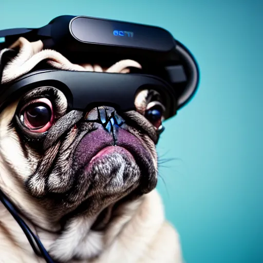 Image similar to film still medium shot a pug wearing a oculus quest vr headset, leica sl 2 5 0 mm, vivid color, high quality, high textured, real life