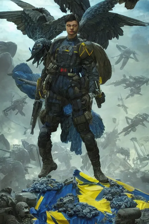 Prompt: A distant shot of a super soldier with a Ukrainian blue and yellow uniform with wings is standing on a pile of skulls, Call of Duty, marvel comics, dark, intricate, highly detailed, smooth, artstation, digital illustration by Ruan Jia and Mandy Jurgens and Artgerm and Wayne Barlowe and Greg Rutkowski and Frank Frazetta