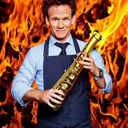 Image similar to gordan ramsay playing the saxaphone in hell surrounded by fire