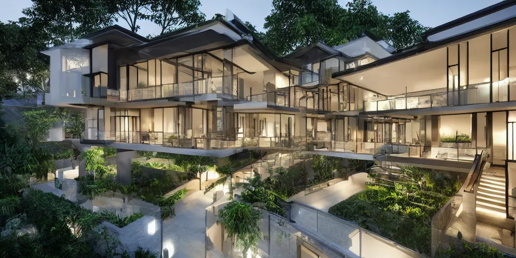 Prompt: 3d rendering of beautiful nature meets architecture concept of a residential house. balinese architecture, volumetric lighting, luxury, high detail, 14mm, glass railing, outdoor staircase, terraces, roof garden, cinematic photography, cg architects, high resolution