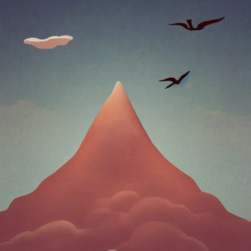 Prompt: A flying mountain on the sky surrounded by birds with human heads.