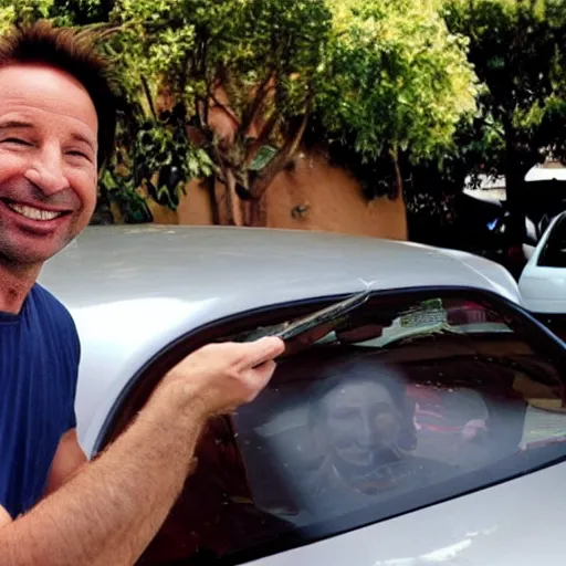 Image similar to a new car smell but it’s running a small Greek restaurant with david duchovny big smile