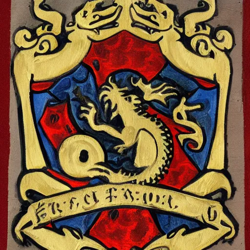 Prompt: family crest with dog and dragon, oil painting, matte, 14th century