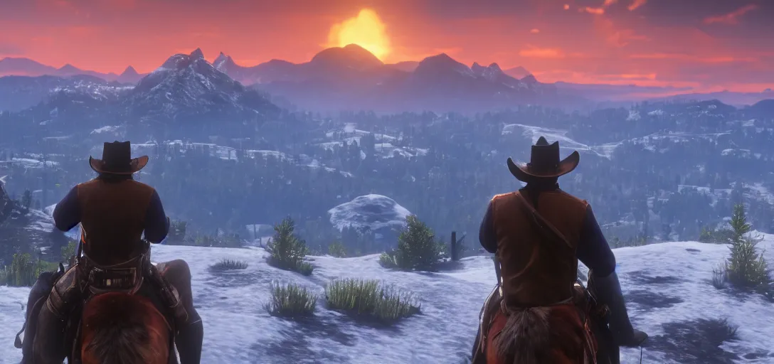 Prompt: Arthur Morgan from Red Dead Redemption 2 sitting at the top of a mountain looking at a beautiful sunrise in the distance