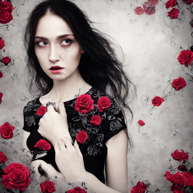 Image similar to hight focus of a wonderful realistic focused sweet wonderful symmetrical centered mid portrait of a lonely woman with a detailed wonderful, majestic, large semi transparent black cotton dress ornate with semi transparent black cotton roses, dramatic light, octane render, - 8 k